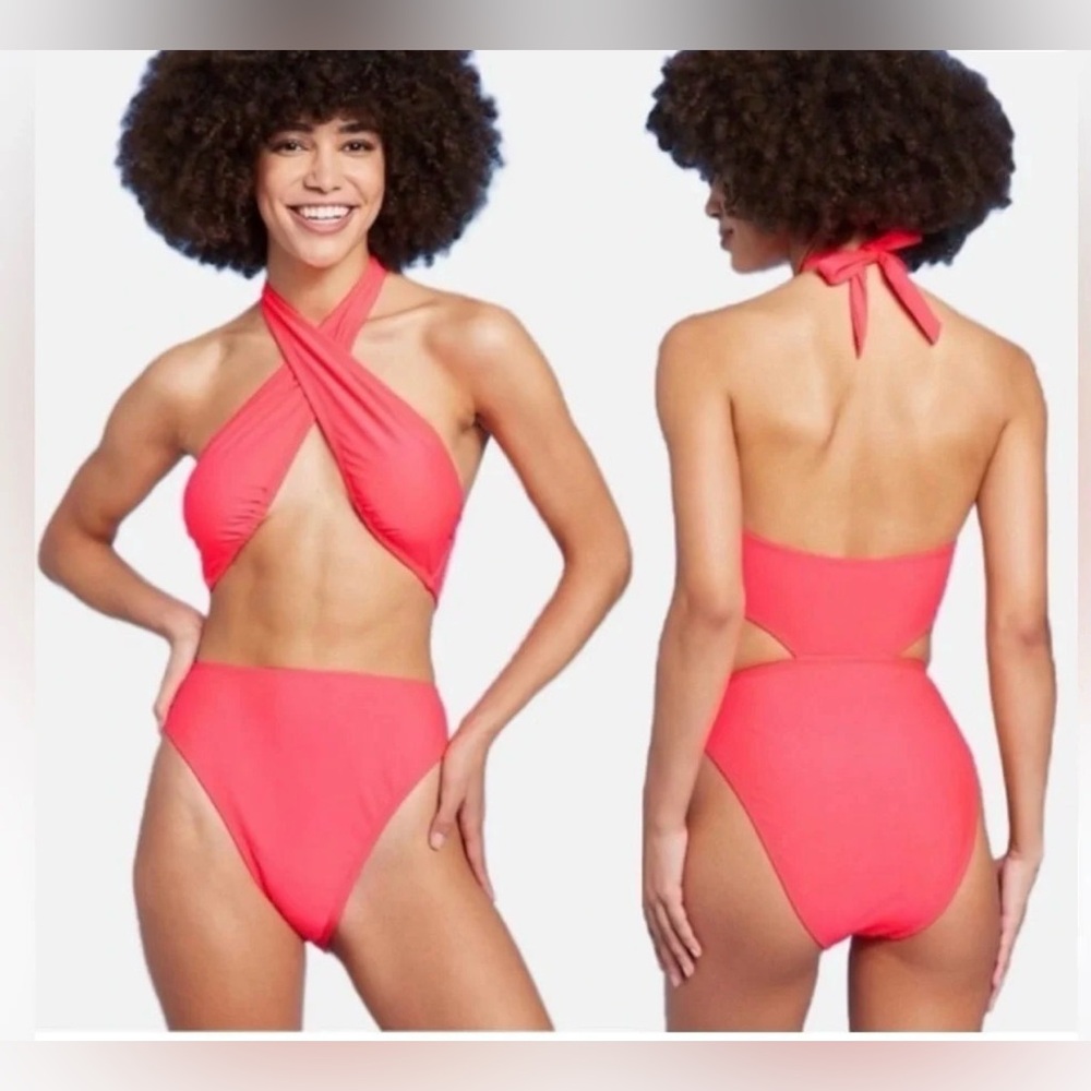 Wild Fable Women's  Cross Front Halter One Piece Swimsuit Coral. Size XS